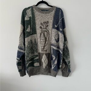 Vintage Carmel XL Abstract Patchwork Knit Sweater Oversized Earth Tone Pullover